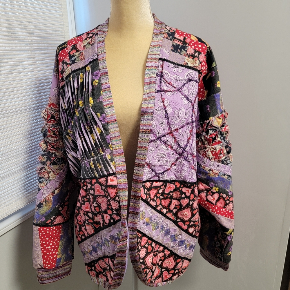 Patchwork Quilt Jacket Handmade OOAK Open Front Purple Floral Paisley Heart L/XL